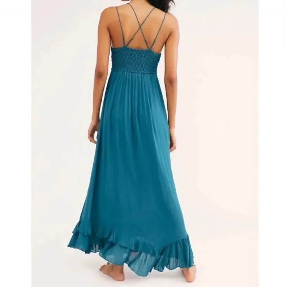 Free People Adella Maxi Slip Dress Long Lace in Teal Jewel Blue